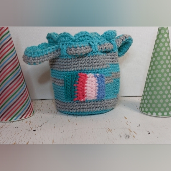 Turquoise and Grey Striped Pouch with Colorful Design Cute Gift Bag Boho Retro - Picture 2 of 8